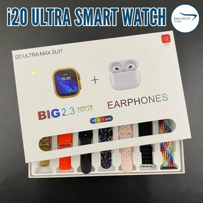 I20 Ultra Watch Max Suit Smart Watch + Earbuds (10 in 1 Set)