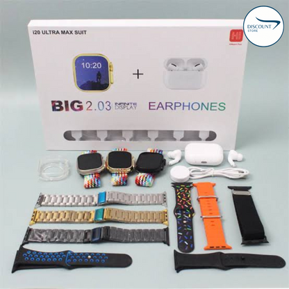I20 Ultra Watch Max Suit Smart Watch + Earbuds (10 in 1 Set)