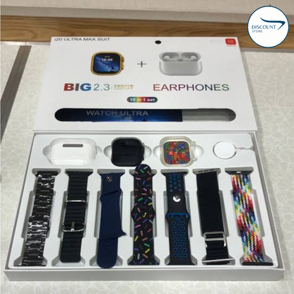 I20 Ultra Watch Max Suit Smart Watch + Earbuds (10 in 1 Set)